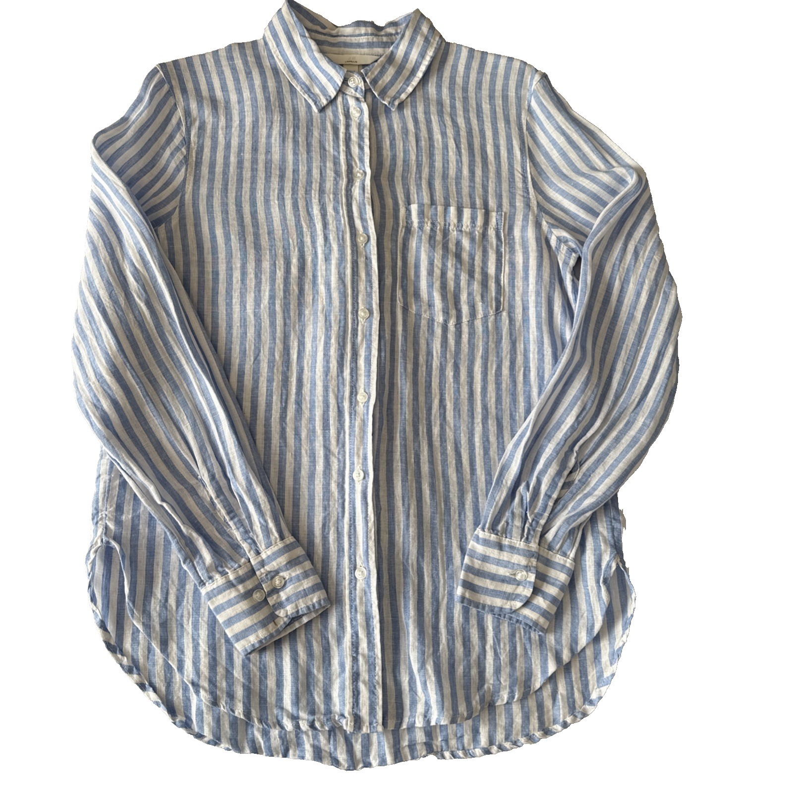 H&M Linen Blue Striped Button Up Shirt Womens Xs Breathable Office Classic Beach